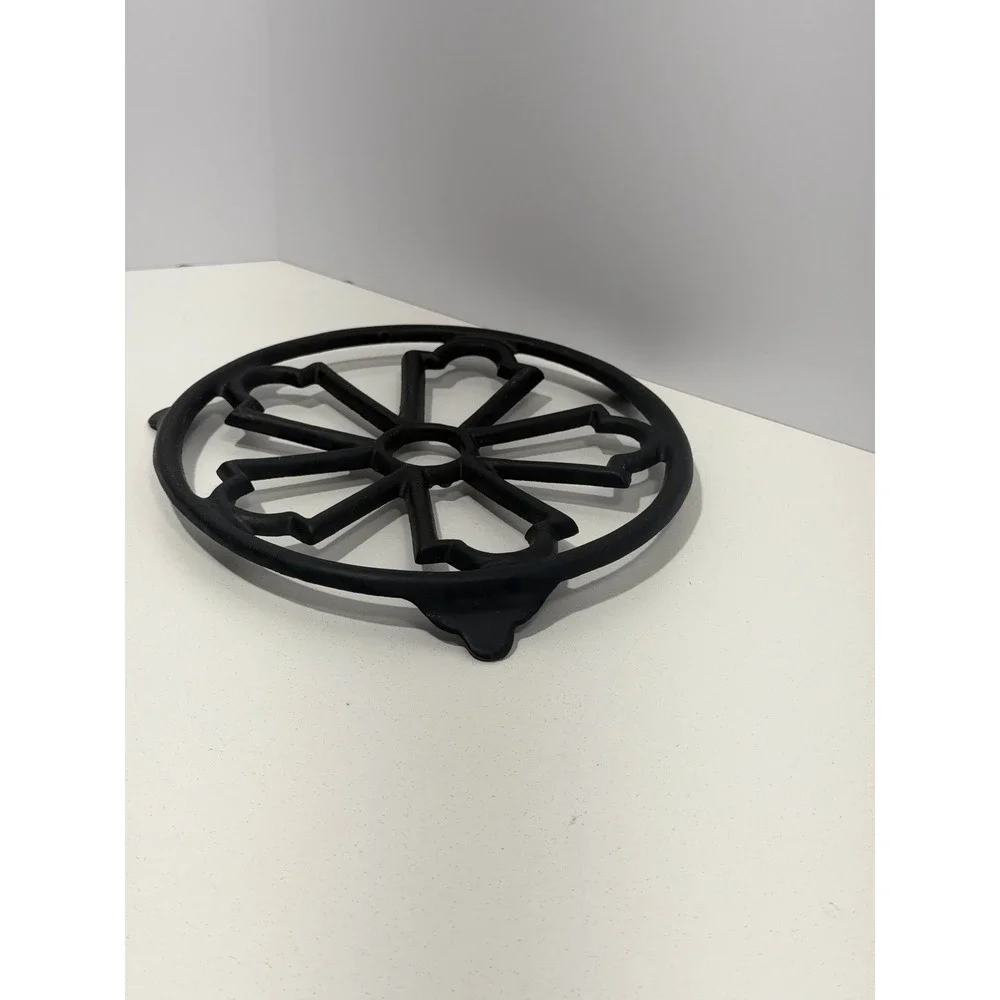 Decotec France Cast Iron Trivet Black Round Openwork Floral Pot Stand 8 inch